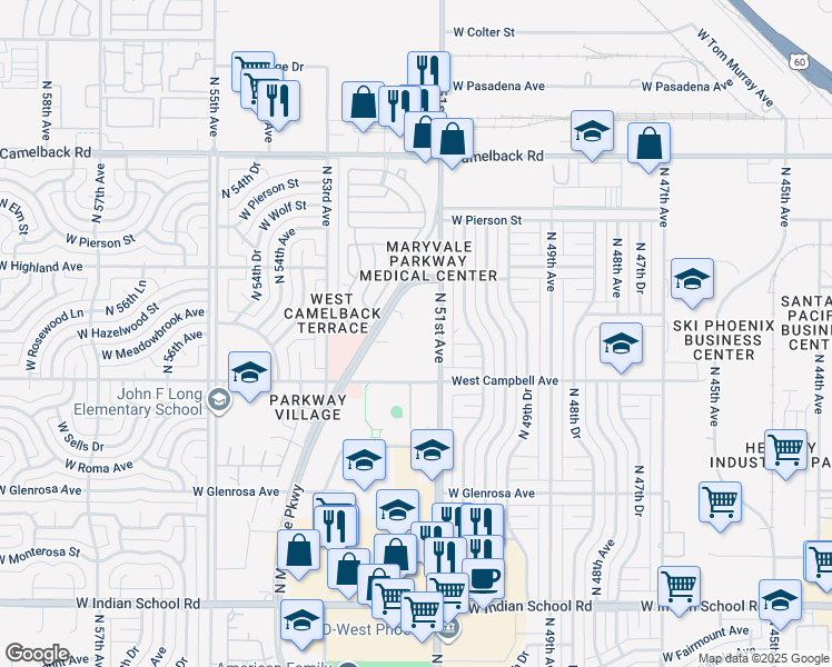 map of restaurants, bars, coffee shops, grocery stores, and more near 4550 North 51st Avenue in Phoenix