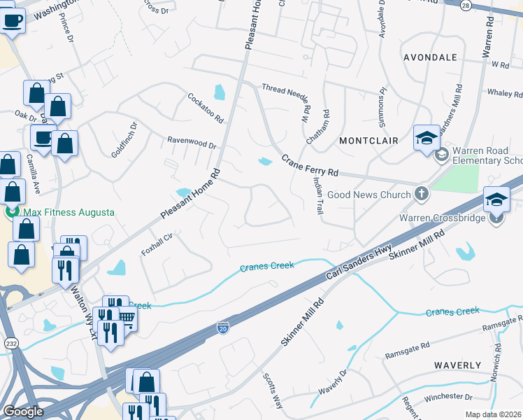 map of restaurants, bars, coffee shops, grocery stores, and more near 408 Shallowford Circle in Augusta