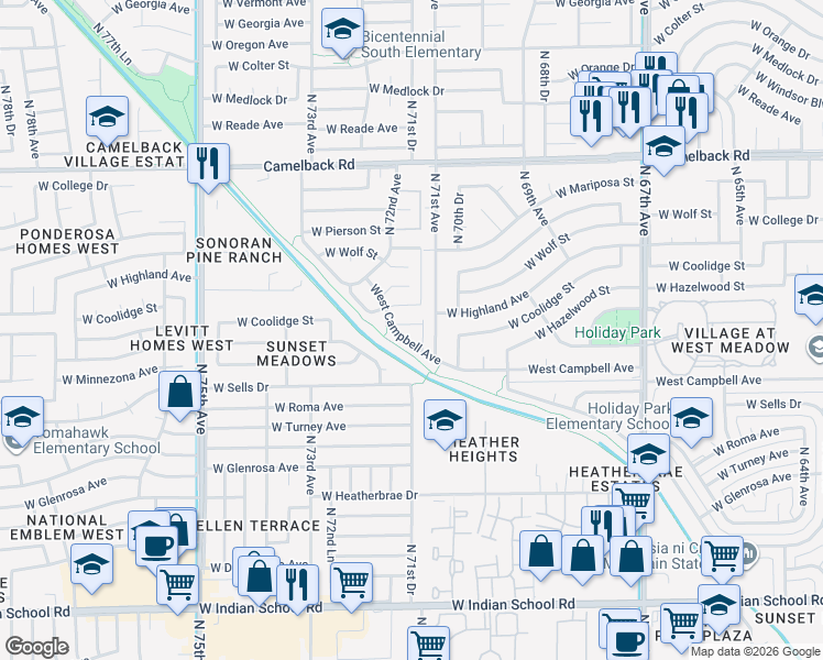 map of restaurants, bars, coffee shops, grocery stores, and more near 7110 West Minnezona Avenue in Phoenix