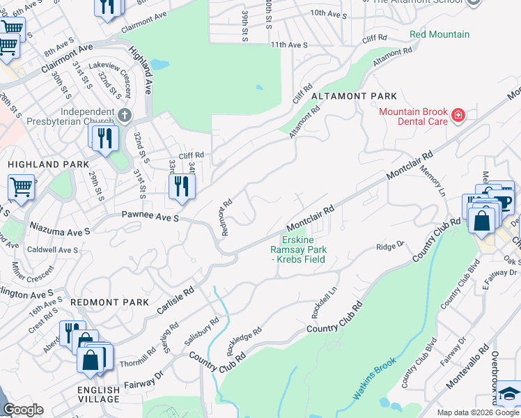 map of restaurants, bars, coffee shops, grocery stores, and more near 3554 Lenox Road in Birmingham