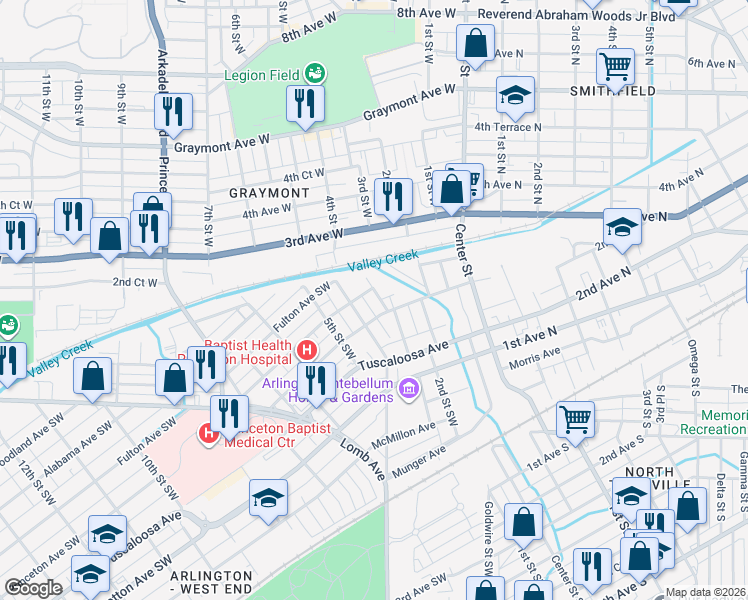 map of restaurants, bars, coffee shops, grocery stores, and more near 509 3rd Street West in Birmingham