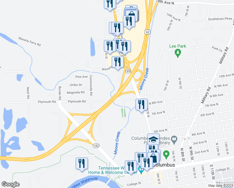 map of restaurants, bars, coffee shops, grocery stores, and more near U.S. 82 & U.S. 45 in Columbus