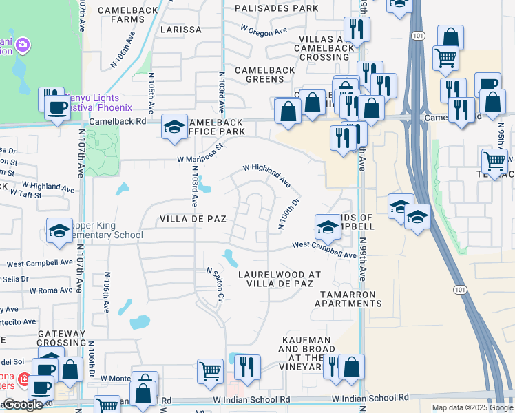 map of restaurants, bars, coffee shops, grocery stores, and more near 4601 North 102nd Avenue in Phoenix
