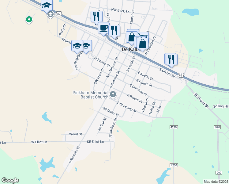 map of restaurants, bars, coffee shops, grocery stores, and more near 120 East Peters Street in De Kalb
