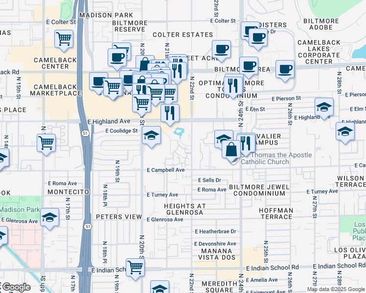 map of restaurants, bars, coffee shops, grocery stores, and more near 4644 North 22nd Street in Phoenix