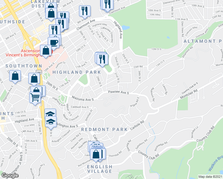 map of restaurants, bars, coffee shops, grocery stores, and more near 2920 Pawnee Avenue South in Birmingham