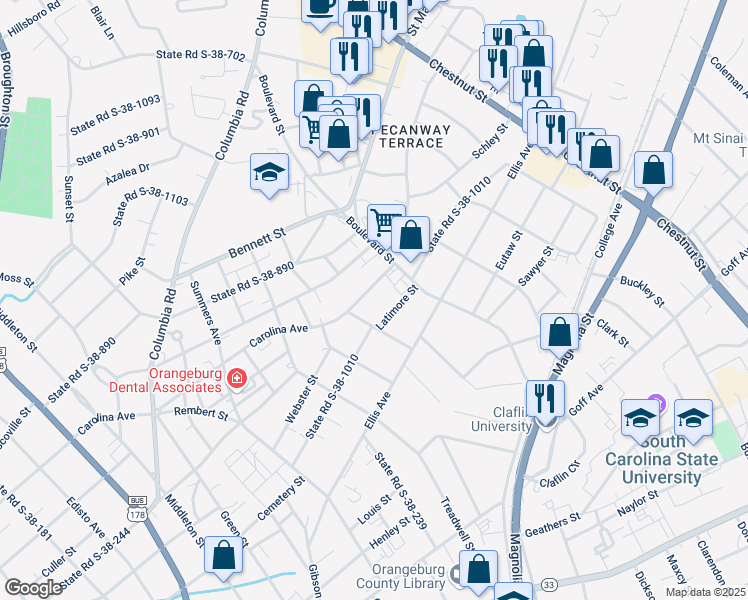 map of restaurants, bars, coffee shops, grocery stores, and more near 1933 Carolina Avenue in Orangeburg