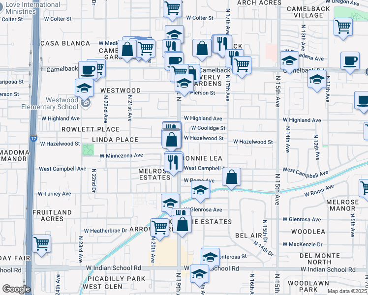 map of restaurants, bars, coffee shops, grocery stores, and more near 4545 North 19th Avenue in Phoenix