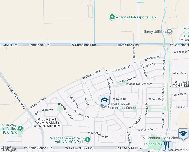 map of restaurants, bars, coffee shops, grocery stores, and more near 15444 West Coolidge Street in Goodyear