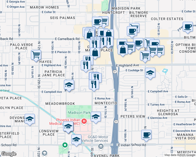 map of restaurants, bars, coffee shops, grocery stores, and more near 1643 East Meadowbrook Avenue in Phoenix