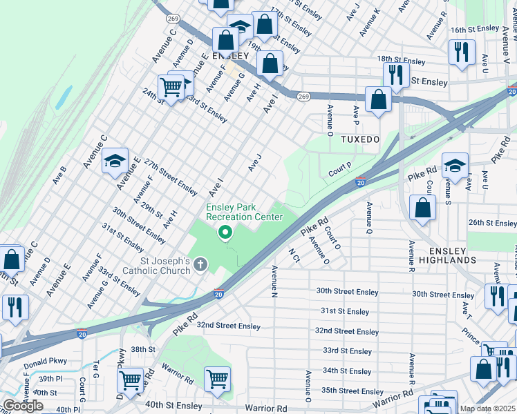 map of restaurants, bars, coffee shops, grocery stores, and more near 2521 Avenue K in Birmingham