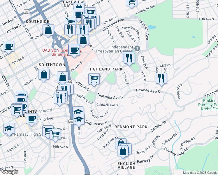 map of restaurants, bars, coffee shops, grocery stores, and more near 2727 Highland Avenue in Birmingham