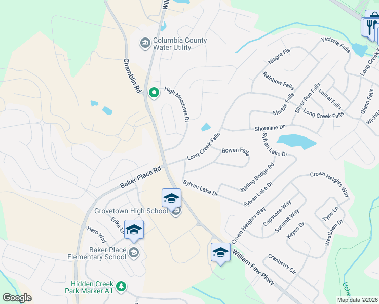 map of restaurants, bars, coffee shops, grocery stores, and more near 1840 Long Creek Falls in Grovetown