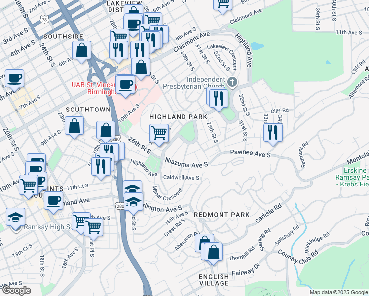 map of restaurants, bars, coffee shops, grocery stores, and more near 2727 Highland Avenue in Birmingham