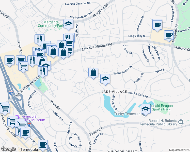 map of restaurants, bars, coffee shops, grocery stores, and more near 29720 Avenue De Calazada in Temecula