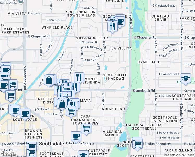 map of restaurants, bars, coffee shops, grocery stores, and more near 7761 East Meadowbrook Avenue in Scottsdale
