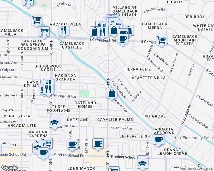 map of restaurants, bars, coffee shops, grocery stores, and more near 4501 East Calle Redonda in Phoenix