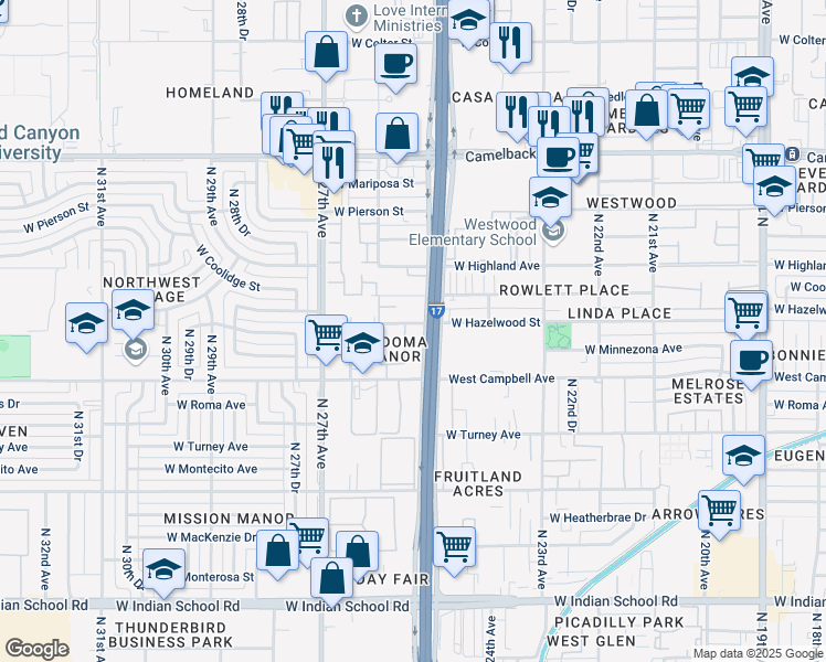 map of restaurants, bars, coffee shops, grocery stores, and more near 4546 North Black Canyon Highway in Phoenix