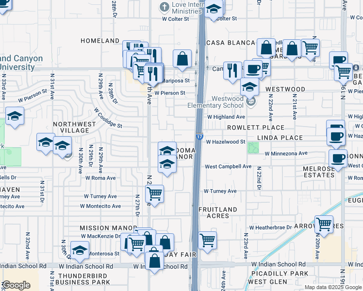 map of restaurants, bars, coffee shops, grocery stores, and more near 2550 West Hazelwood Street in Phoenix