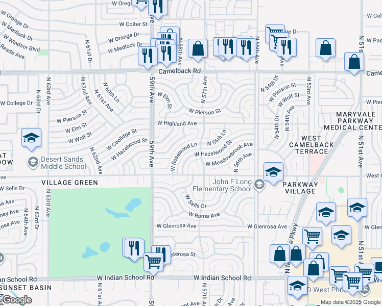 map of restaurants, bars, coffee shops, grocery stores, and more near 5725 West Rosewood Lane in Phoenix
