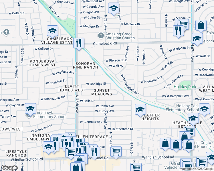 map of restaurants, bars, coffee shops, grocery stores, and more near 7315 West Coolidge Street in Phoenix