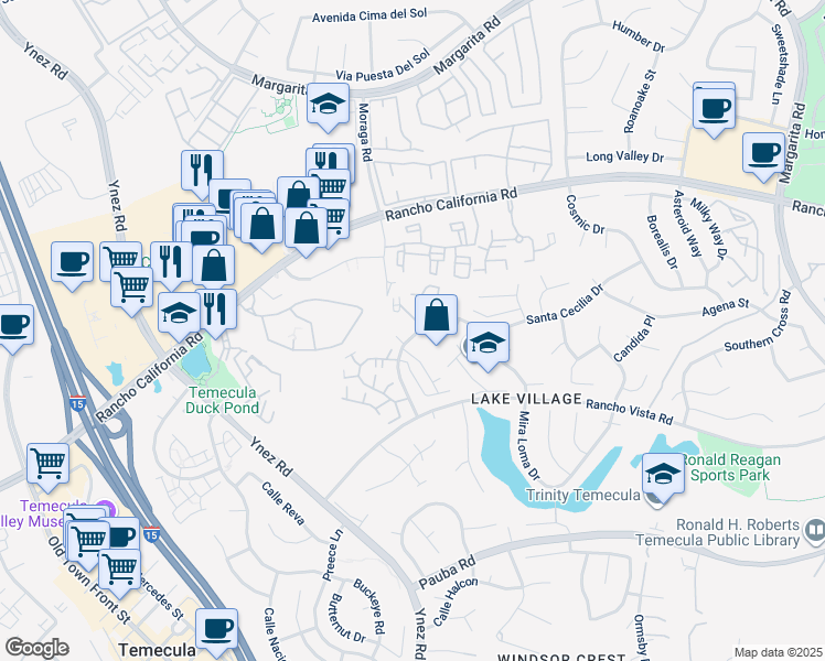 map of restaurants, bars, coffee shops, grocery stores, and more near 29919 Mira Loma Drive in Temecula