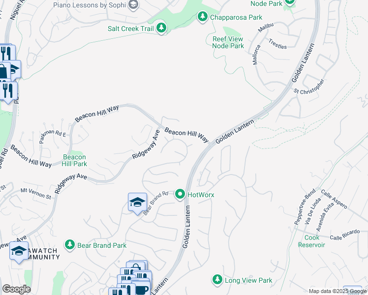 map of restaurants, bars, coffee shops, grocery stores, and more near 21 Asilomar Road in Laguna Niguel