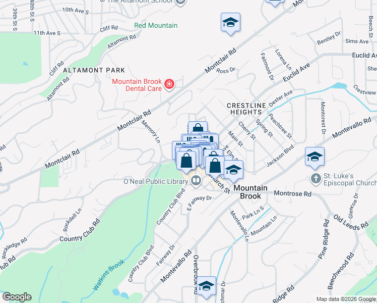 map of restaurants, bars, coffee shops, grocery stores, and more near 109 Memory Court in Mountain Brook