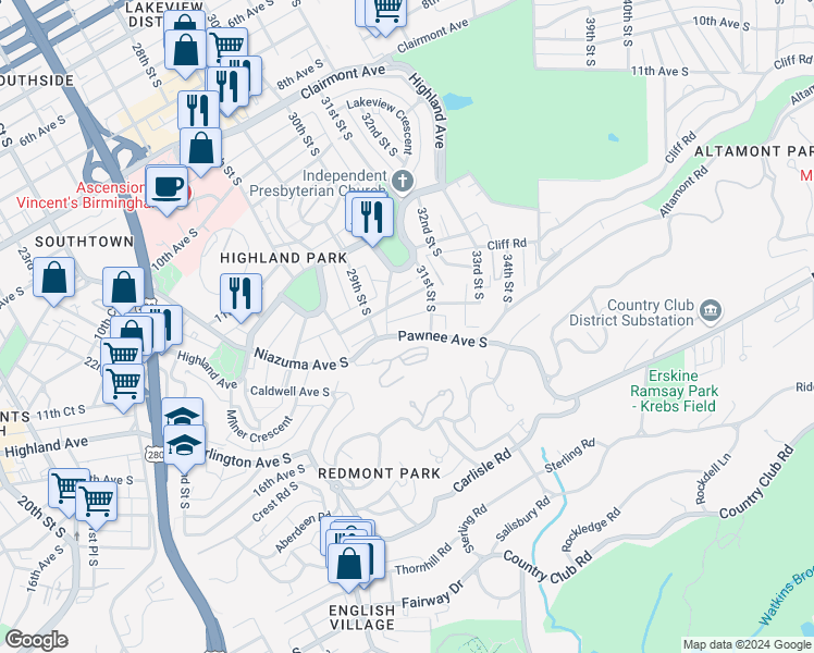 map of restaurants, bars, coffee shops, grocery stores, and more near 2924 Pawnee Avenue South in Birmingham