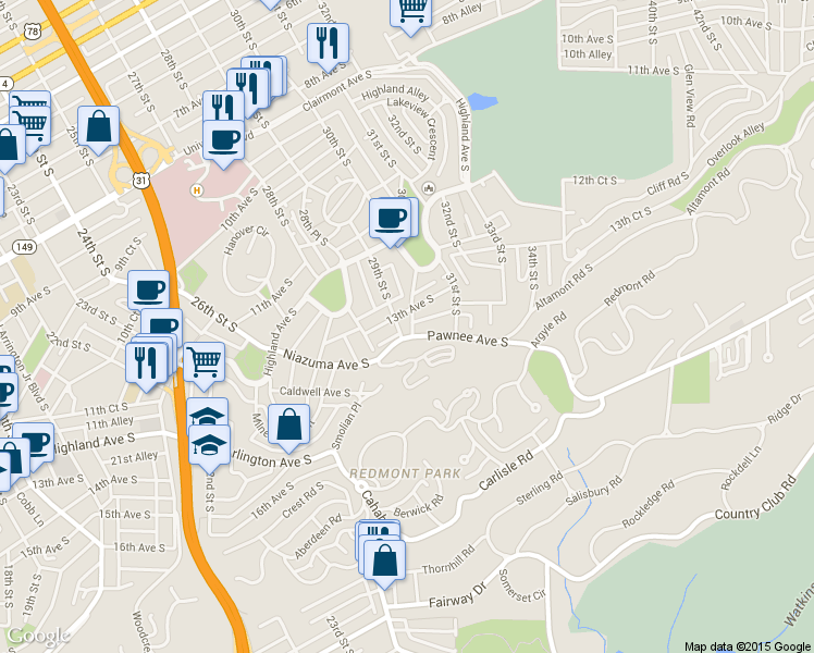 map of restaurants, bars, coffee shops, grocery stores, and more near 1242 29th Street South in Birmingham