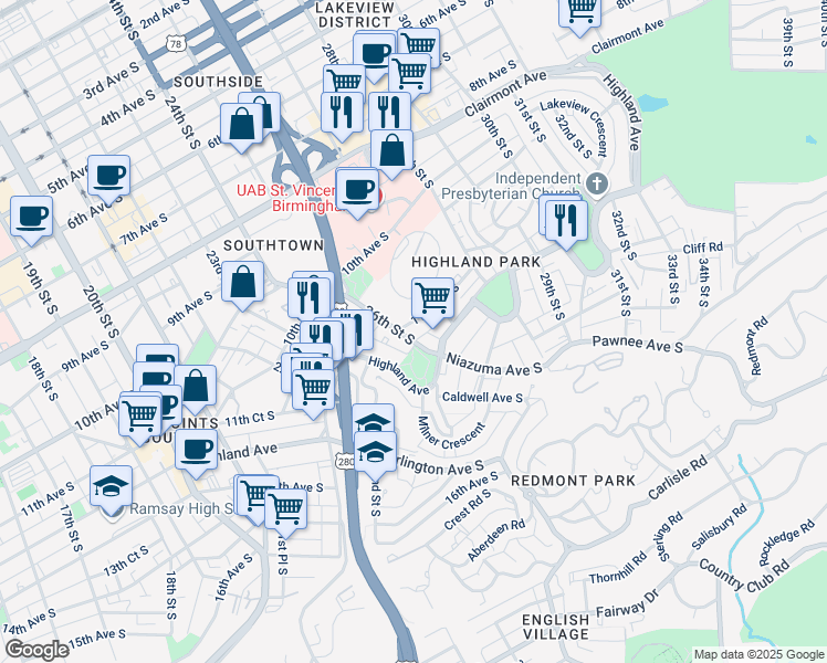 map of restaurants, bars, coffee shops, grocery stores, and more near 2603 11th Avenue South in Birmingham