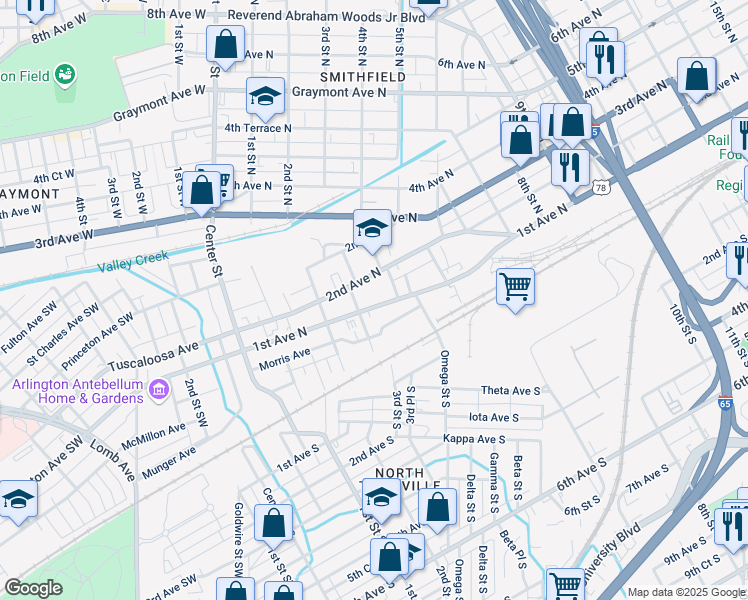 map of restaurants, bars, coffee shops, grocery stores, and more near 330 1st Avenue North in Birmingham