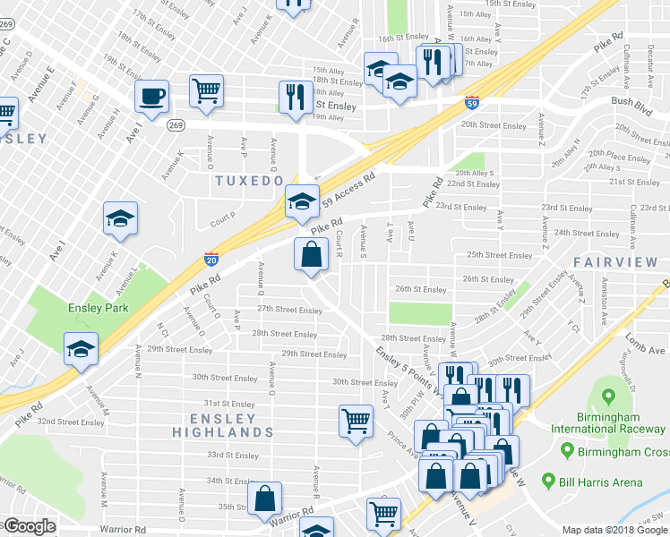 map of restaurants, bars, coffee shops, grocery stores, and more near 2344 Court R in Birmingham