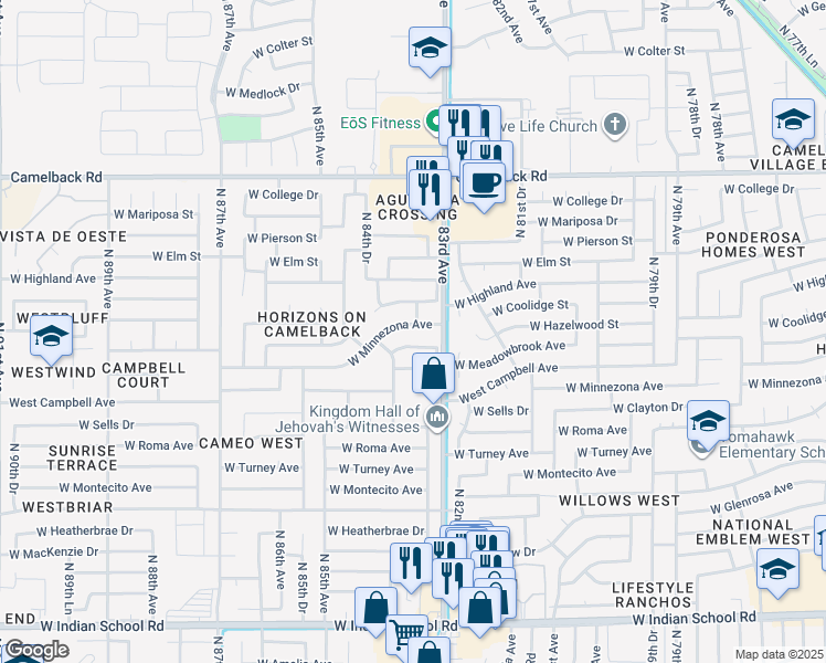 map of restaurants, bars, coffee shops, grocery stores, and more near 8323 West Minnezona Avenue in Phoenix