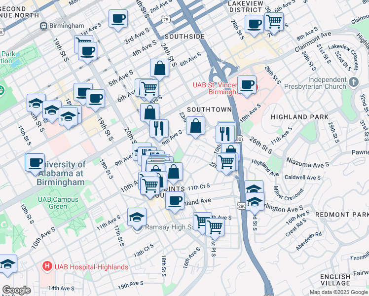 map of restaurants, bars, coffee shops, grocery stores, and more near 915 22nd Street South in Birmingham