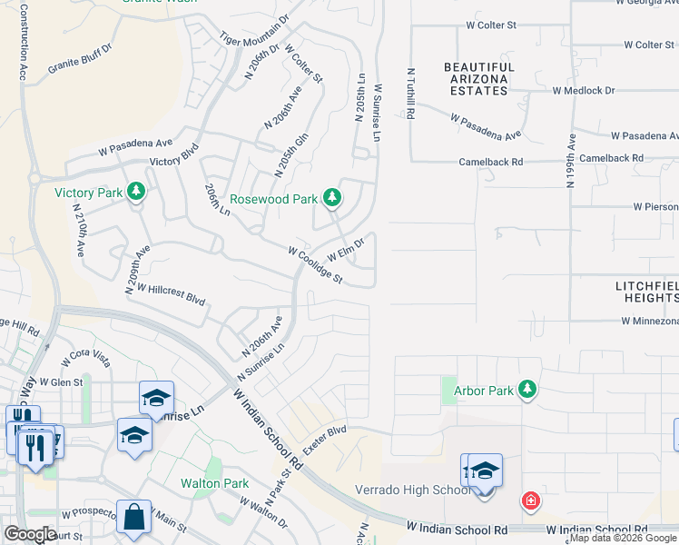map of restaurants, bars, coffee shops, grocery stores, and more near 20472 West Coolidge Street in Buckeye