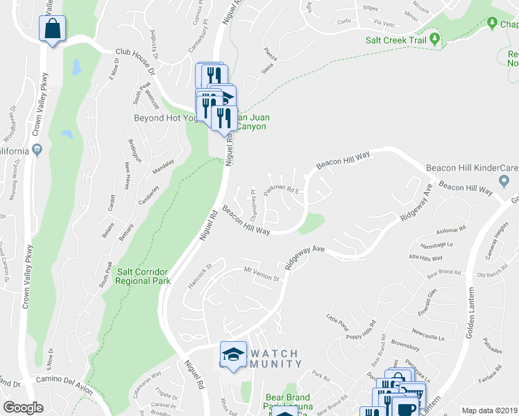 map of restaurants, bars, coffee shops, grocery stores, and more near 25 Parkman Road East in Laguna Niguel