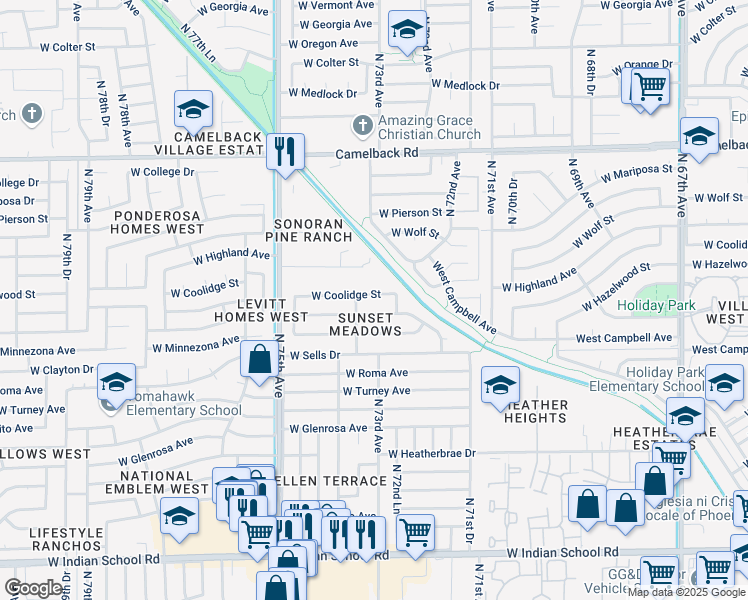 map of restaurants, bars, coffee shops, grocery stores, and more near 7315 West Coolidge Street in Phoenix