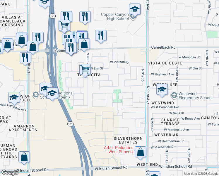 map of restaurants, bars, coffee shops, grocery stores, and more near 9311 West Hazelwood Street in Phoenix