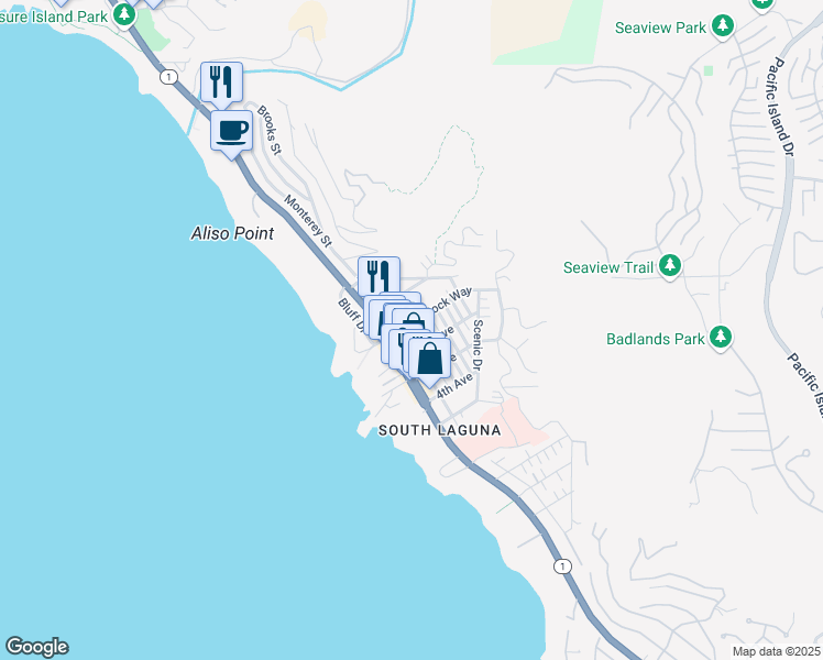 map of restaurants, bars, coffee shops, grocery stores, and more near 31570 Eagle Rock Way in Laguna Beach