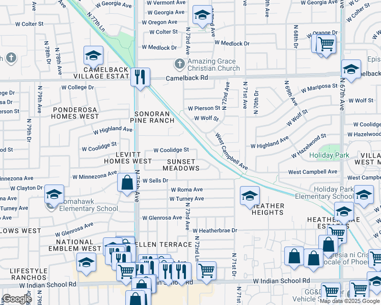 map of restaurants, bars, coffee shops, grocery stores, and more near 7315 West Coolidge Street in Phoenix
