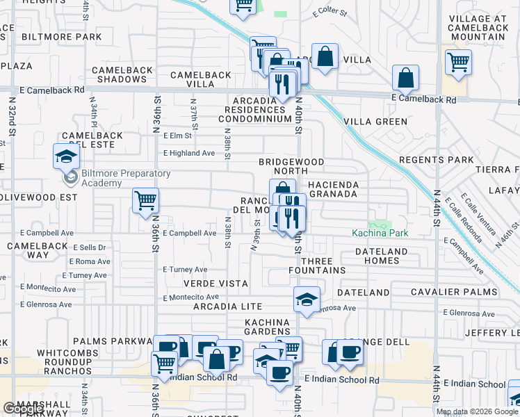 map of restaurants, bars, coffee shops, grocery stores, and more near 4535 North 39th Street in Phoenix