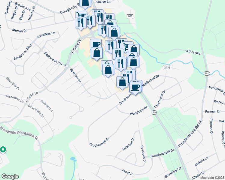 map of restaurants, bars, coffee shops, grocery stores, and more near 2545 Whiskey Road in Aiken