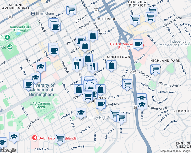 map of restaurants, bars, coffee shops, grocery stores, and more near 901 Richard Arrington Junior Boulevard South in Birmingham