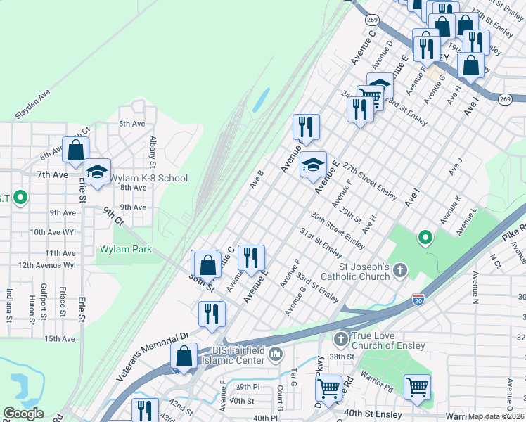 map of restaurants, bars, coffee shops, grocery stores, and more near 3105 Avenue C in Birmingham