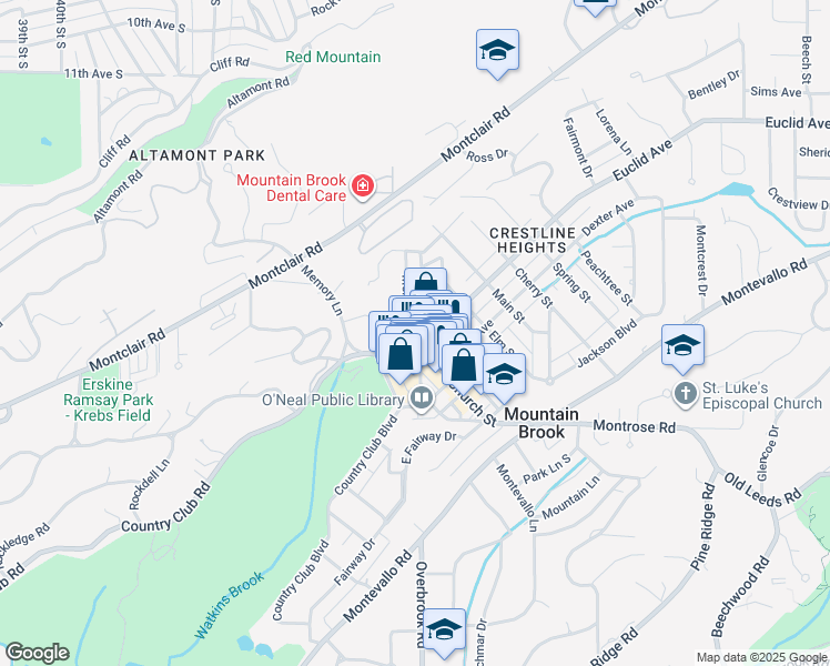 map of restaurants, bars, coffee shops, grocery stores, and more near 109 Memory Court in Mountain Brook
