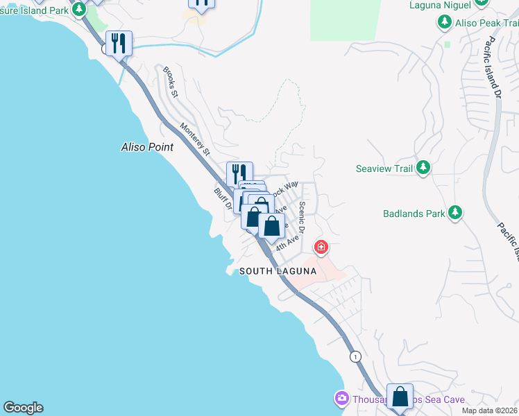 map of restaurants, bars, coffee shops, grocery stores, and more near 31570 Eagle Rock Way in Laguna Beach