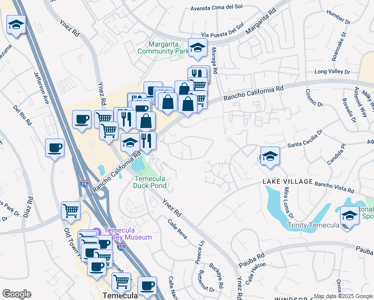 map of restaurants, bars, coffee shops, grocery stores, and more near 29405 Rancho California Road in Temecula