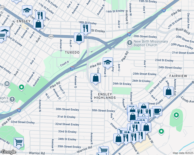 map of restaurants, bars, coffee shops, grocery stores, and more near 2344 Court R in Birmingham