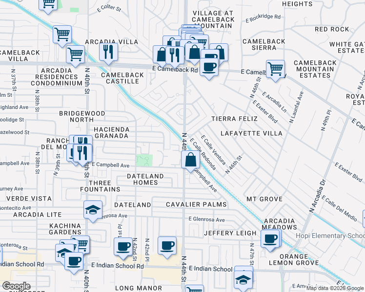 map of restaurants, bars, coffee shops, grocery stores, and more near 4501 East Calle Redonda in Phoenix